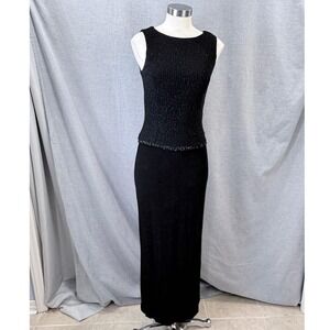 Vintage Scott McClintock Black Textured Maxi Dress Beaded Fringe 6 Sparkle Gala